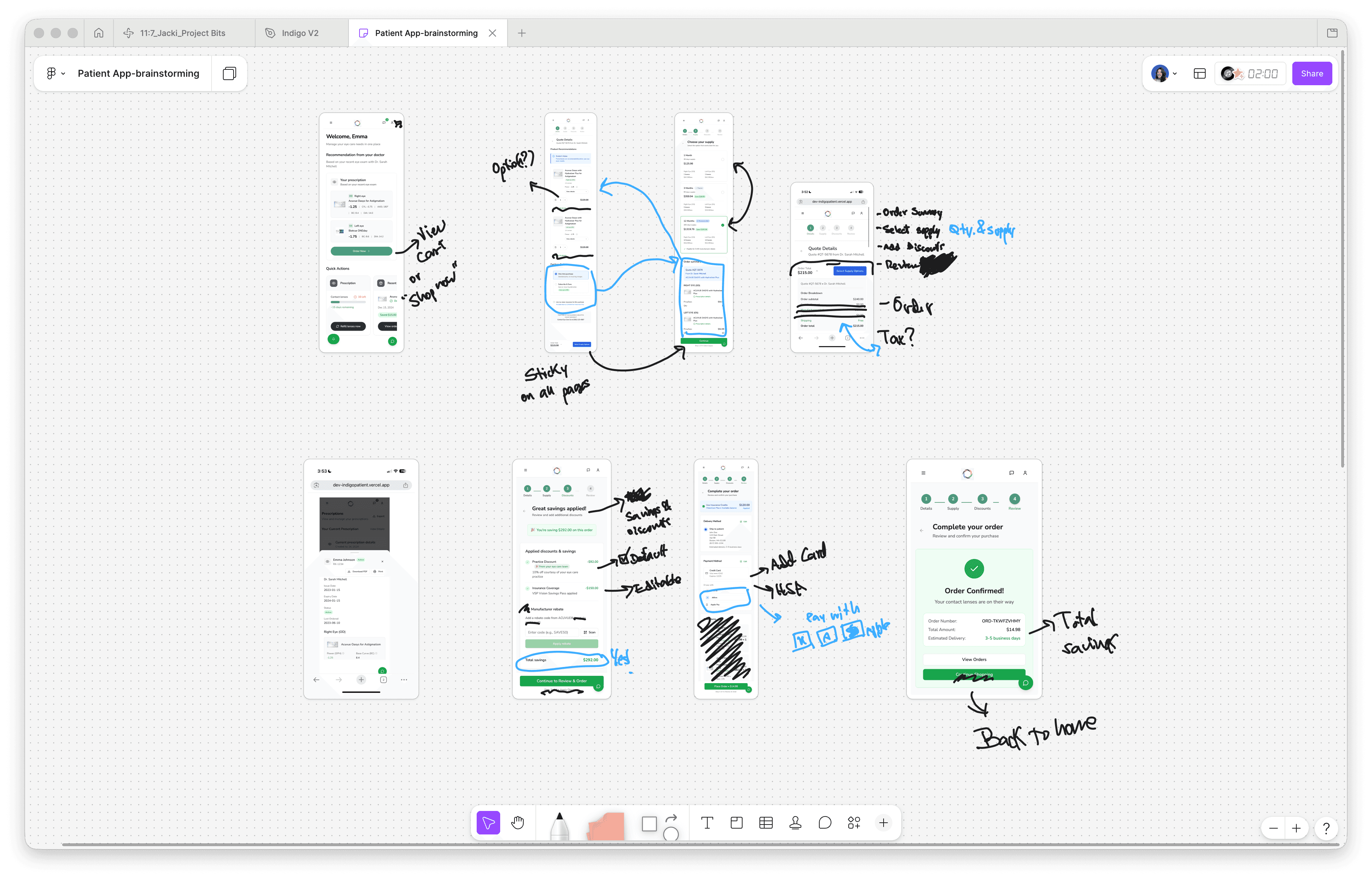 FigJam board showing early brainstorming and problem-solving for the checkout flow connecting to the doctor's desktop app