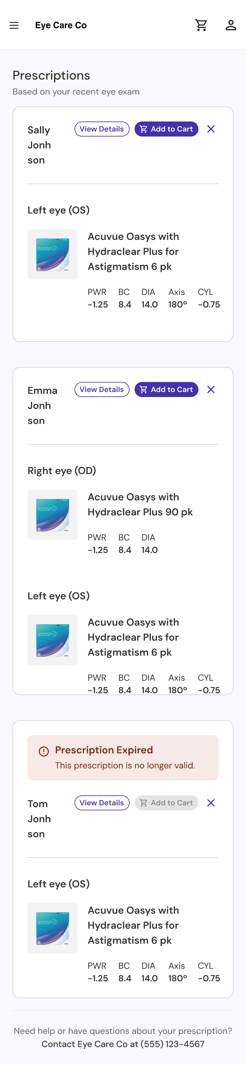 Prescription management screen with color-coded validity states
